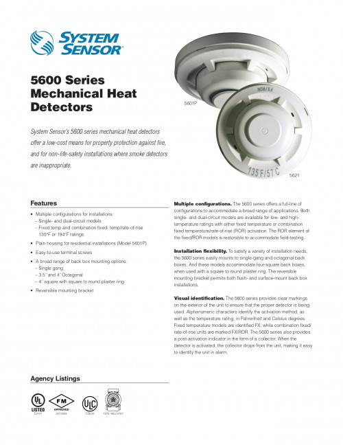 SYSTEMSENSOR 5622 Heat Detector, Dual Circuit Rate of Rise and Fixed Temperature 200