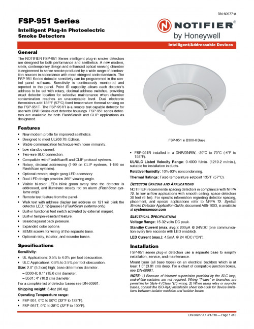 Notifier fsp 951 iv intelligent addressable photo detector ivory with