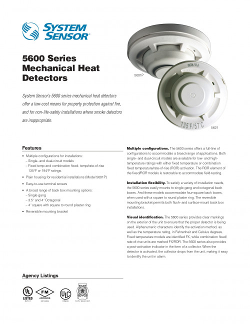 SYSTEMSENSOR 5603 Heat Detector, Fixed Temperature 135'F 7592395