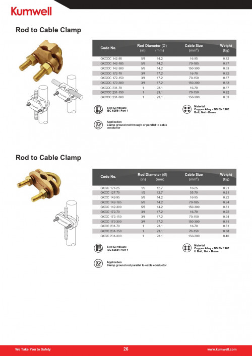 KUMWELL GXCCC 172 - 300 Ground Rod to Cable Clamp Rod Dia. = 3/4"(17.2 mm), Cable Size 150-300 sq.mm - คลิกที่นี่เพื่อดูรูปภาพใหญ่
