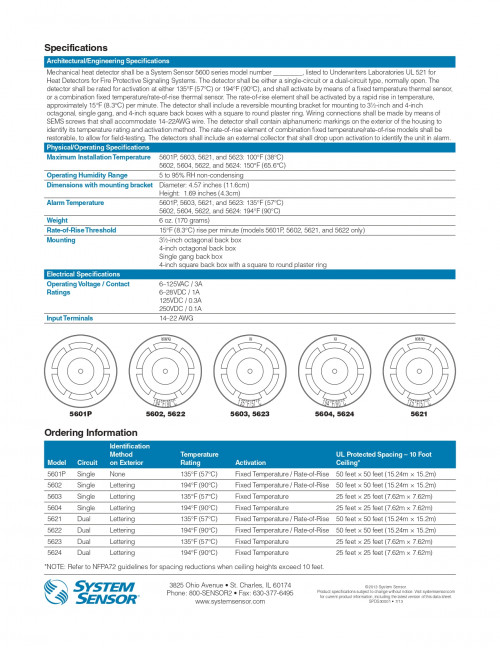 System Sensor 5621 - 135°F Fixed Temp / Rate of Rise Heat Detector