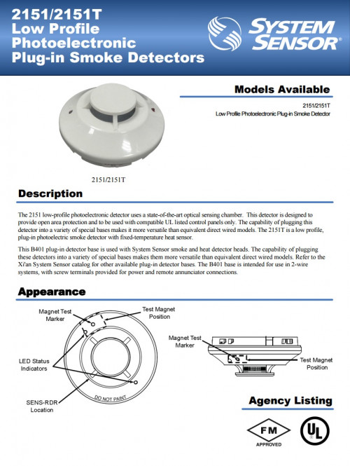 SYSTEMSENSOR 2151 Photoelectric Smoke Detector, Plug-in, Low-Profile with B401 Base - คลิกที่นี่เพื่อดูรูปภาพใหญ่